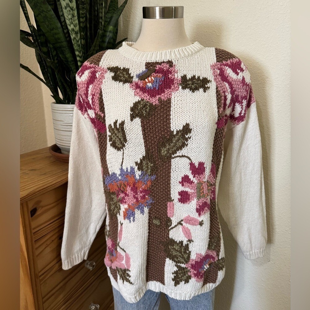 Vintage 80s Floral Chunky Knit Sweater Shoulder Pads Ramie Cotton Blend Large - Picture 8 of 8